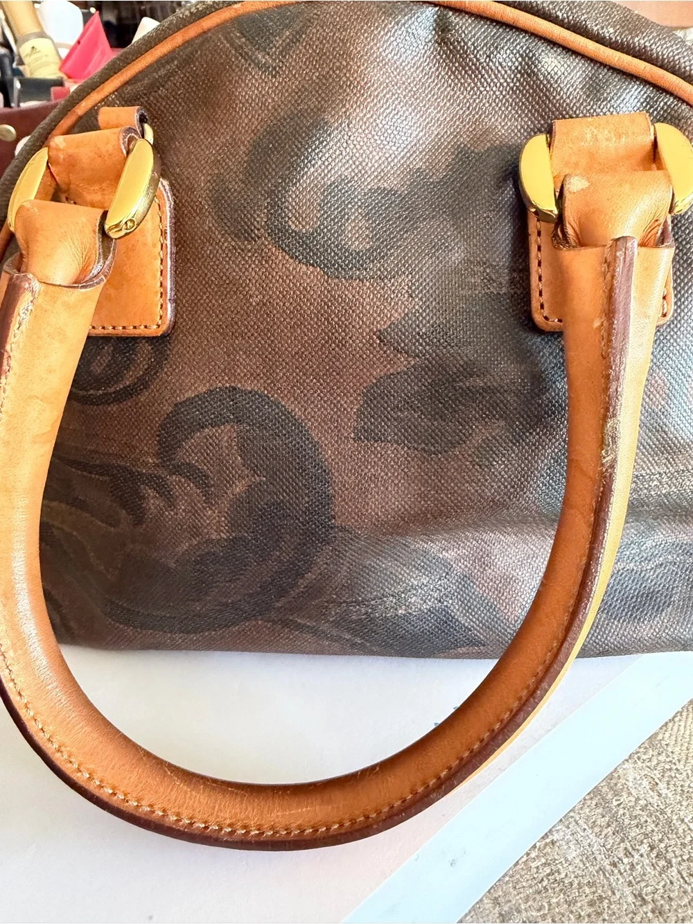 GIANFRANCO FERRE SMALL Patterned Dome Satchel -cognac LEATHER TRIM. VINTAGE